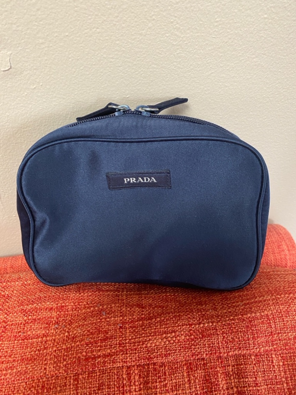 Prada Navy Blue Satin Makeup Travel Cosmetic Pouch Bag